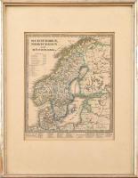 cca 1870-1880 Svédország, Norvégia és Dánia térképe, kézzel színezett, Stielers Schul-Atlas N. 11.. Üvegezett, kissé sérült fa keretben. 24x18 cm / map of Sweden, Norway and Denmark, hand-coloured, framed