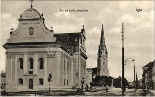 Igló, Zipser Neudorf, Spisská Nová Ves; Evangélikus és katolikus templom. Dörner Gyula kiadása / Lutheran and Catholic churches