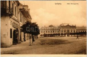 Ipolyság, Sahy; Fő tér, Vármegyeház, Herz Adolf utóda üzlete / main square, county hall, shops (képeslapfüzetből / from postcard booklet)