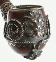 Régi pipa fémrátétekkel, oroszlánfejes díszítéssel, jelzett: REAL BRIAR, h: 14 cm