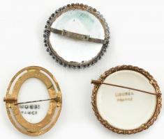 3 db bross Limoges porcelán betétes (2db), tűzzománc betétes (1db), részben jelzett, cca. 5cm