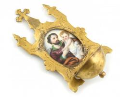 Fali szenteltvíztartó, réz, porcelánbetéttel, matricás, Szent Antal a kis Jézussal. Kopott, m: 10 cm