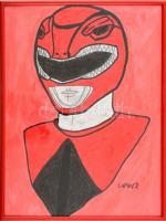 Saphier jelzéssel: Power Rangers Red Ranger. Pasztell, papír. Üvegezett keretben. 40x30 cm
