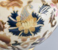 Zsolnay kancsó, kézzel festett, 1885 körül, jelzett, kopott, szájpereménél restaurált, 16x14 cm