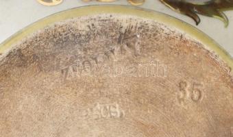 Zsolnay kancsó, kézzel festett, 1885 körül, jelzett, kopott, szájpereménél restaurált, 16x14 cm