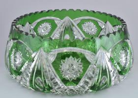 Zöld nagyméretű ólomkristály tál, metszett, csorba, d: 24 cm