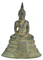 Antik bronz Buddha, jelzett, kopott, m: 24 cm