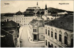 1914 Nyitra, Nitra; Megyeház utca, Vármegyeház, Nyitrai Hitelbank / street view, county hall, credit bank