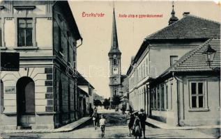 1911 Érsekújvár, Nové Zámky; Iskola utca a gimnáziummal, templom, üzletek, Dreher sör. W.L. 441. / street view, grammar school, church, shops, beer (EM)