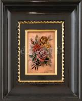 Francia Limoges tűzzománc csendélet, jelzett, szép keretben, 12x9cm