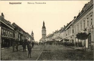 Nagyszombat, Tyrnau, Trnava; Rákóczy (Rákóczi) Ferenc utca, Takarékpénztár, üzletek / street view, savings bank, shops
