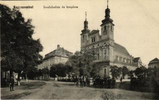 Nagyszombat, Tyrnau, Trnava; Pázmány tér, Invalidus templom és rokkantak háza. Winter Zsigmond kiadása / square, church and institute for the disabled