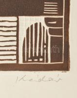 Kádár György (1912-2002): Gyümölcsöstál. Linómetszet, dombornyomás, papír, jelzett, 34x24 cm