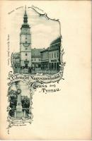 Nagyszombat, Tyrnau, Trnava; Stadtthurm, Apotheke, Honvéd-Denkmal / Várostorony, Gyógyszertár, Karner üzlete, Honvéd szobor. Horovitz Adolf kiadása / city tower, pharmacy, shops, military monument. Art Nouveau