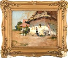 Neogrády László (1896-1962): Menyecske az udvarban. Gouache, papír, jelzett. Díszes, sérült, üvegeze...