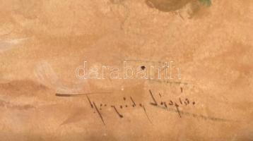 Neogrády László (1896-1962): Menyecske az udvarban. Gouache, papír, jelzett. Díszes, sérült, üvegeze...