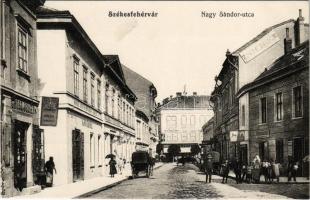 Székesfehérvár, Nagy Sándor utca, Szálloda a Fekete Sashoz, kávéház és étterem, Grósz József, Stern Miksa és Wolkenstein és Herman üzlete, Poyó Kőszén reklámja