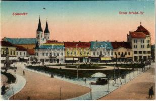 Szabadka, Subotica; Szent István tér, gyógyszertár, Kramer Béla üzlete / square, pharmacy, shops