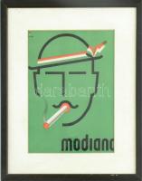 Irsai István (1896-1968): Modiano cigaretta reklám kisplakát, ofszet, papír, jelzett a plakáton, 20x15 cm. Üvegezett keretben.