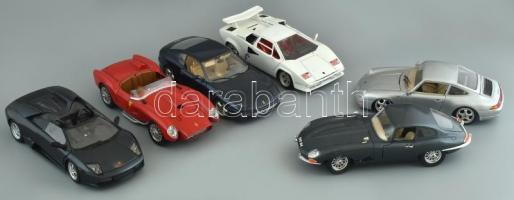 6db modellautó, (Ferrari 2db, Jaguar, Lamborghini 2db, Porsche) Fém műanyag, kisebb kopásokkal. h: cca. 25 cm