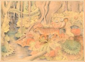 Klie Zoltán (1897-1992): Vadállat az erdőben. Akvarell, papír, jelezve jobbra lent (halványan). Üvegezett, dekoratív fa keretben, 20×28 cm