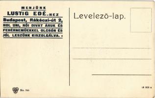 Budapest V. Gróf Andrássy Gyula szobor. Hátoldalon Lustig Ede divat üzletének reklámja