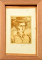 Egresi Zsuzsa (1954-): Kalapos portré. Rézkarc, papír. Jelzés nélkül. P/I. számozással (próbanyomat?). Lap alján autográf sorokkal. Lap szélén apró foltokkal és paszpartuzás nyomaival. Üvegezett fa keretben, 13×9 cm