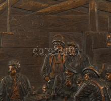 Mulatozók. Bronz dombormű, zománc díszítéssel, fa keretben. 21x15 cm