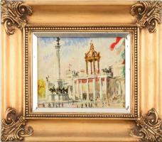 Jelzés nélkül: Eucharisztikus világkongresszus, Hősök tere, 1938. Akvarell, papír. Üvegezett, dekoratív, kissé sérült fa keretben, 20×26,5 cm