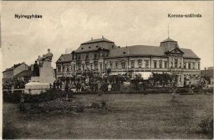Nyíregyháza, Korona szálloda, Kossuth szobor, Hoffmann Adolf, Szarvady Mihály, Prok Pál üzlete. Szántó Ernő kiadása