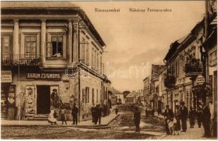 Rimaszombat, Rimavská Sobota; Rákóczy Ferenc utca, borbély, Majoros és Braun zsigmond üzlete . Ifj. Rábely Miklós kiadása / street, shops, barber