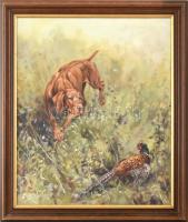 Kiss Richárd (1968-): Vizsla és fácán (vadászaton). Olaj, vászon, jelzett. Hátoldalán a művész bélye...