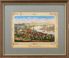 cca 1860 Ofen und Pest - Buda és Pest látképe. Színezett famtetszet. Képméret 24x16 cm díszes margók...