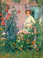 Illencz Lipót (1882-1950): Lány virágokkal. Olaj, karton, jelzett. Dekoratív, kissé sérült sérült antik keretben, 65×50 cm