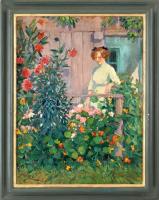 Illencz Lipót (1882-1950): Lány virágokkal. Olaj, karton, jelzett. Dekoratív, kissé sérült sérült an...