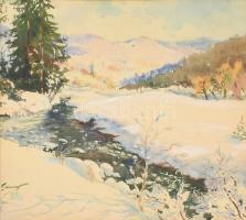 Garanyi József (1921-2009): Kárpátaljai havas táj. Akvarell, ceruza, papír. Jelzett. Dekoratív, üvegezett fa keretben, 37,5×43 cm