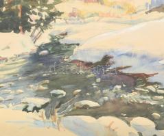 Garanyi József (1921-2009): Kárpátaljai havas táj. Akvarell, ceruza, papír. Jelzett. Dekoratív, üveg...