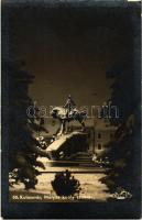 Kolozsvár, Cluj; Mátyás király szobor télen / statue in winter. Belle photo + "1940 Kolozsvár visszatért" So. Stpl