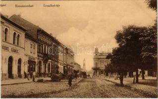 Rimaszombat, Rimavská Sobota; Erzsébet tér, Weisz Károly, Stech Kálmán üzlete. Ifj. Rábely Miklós kiadása / square, shops