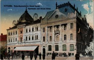 Újvidék, Novi Sad; Takarékpénztár és Mayer Grand Hotel nagy szálloda, sörcsarnok, Récsei Gusztáv üzlete / savings bank, hotel, beer hall, shop (felületi sérülés / surface damage)