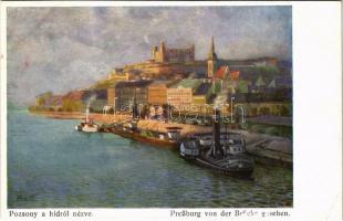 Pozsony, Pressburg, Bratislava; Látkép a hídról, vár, gőzhajók / Preßburg von der Brücke gesehen / quay, steamships, castle. B.K.W.I. 386-4. s: Marx Béla (EK)