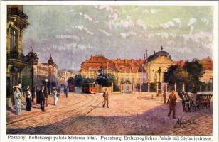 Pozsony, Pressburg, Bratislava; Főhercegi palota Stefánia úttal, villamos / archdukes palace, street view, tram. B.K.W.I. 386-11. s: Marx Béla