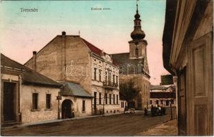 1912 Trencsén, Trencín; Kubicza utca, templom, üzlet. Bartek Pál kiadása / street view, church, shops