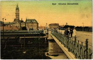 Győr, Városház és Baross híd, vasútállomás a híd alatt, vonatok. Berecz Viktor kiadása