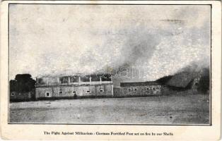 The Fight Against Militarism: German Fortified Post set on fire by our Shells. Times Press Bombay