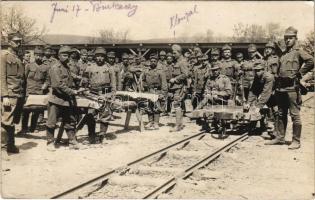 Első világháborús katonai vasúti sín építés, hajtány / WWI K.u.k. military railway construction with hand car. photo