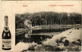 1909 Arad, Városligeti tó, korcsolya pavilon, Andrényi pezsgő reklám / lake, ice skating hall, champagne advertisement