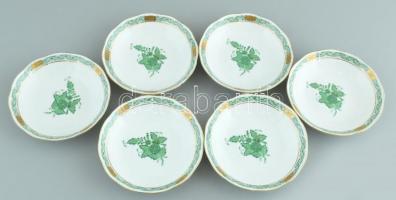 Herendi zöld Apponyi mintás mokkás készlet. 6 személyes. Kézzel festett, jelzett, sérült (1 alj csor...