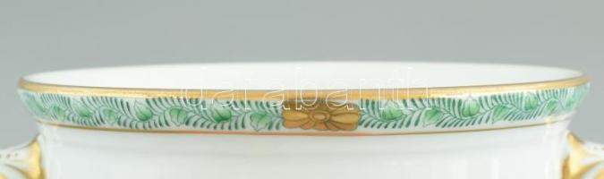 Herendi zöld Apponyi mintás kaspó. Kézzel festett, jelzett, kopásnyomokkal. 18x12cm