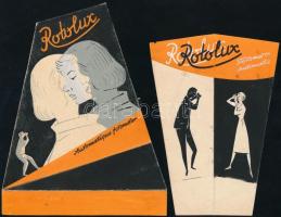 2 db Rotolux fényképészeti kellék reklám terv. Tempera, papír. Jelzés nélkül. 1955-1960 körül. 15x10,5 és 17x13,5 cm.